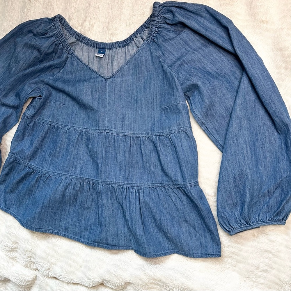Old Navy Chambray Tiered Peplum Peasant Top Boho Balloon Sleeve – Size M - Picture 3 of 11